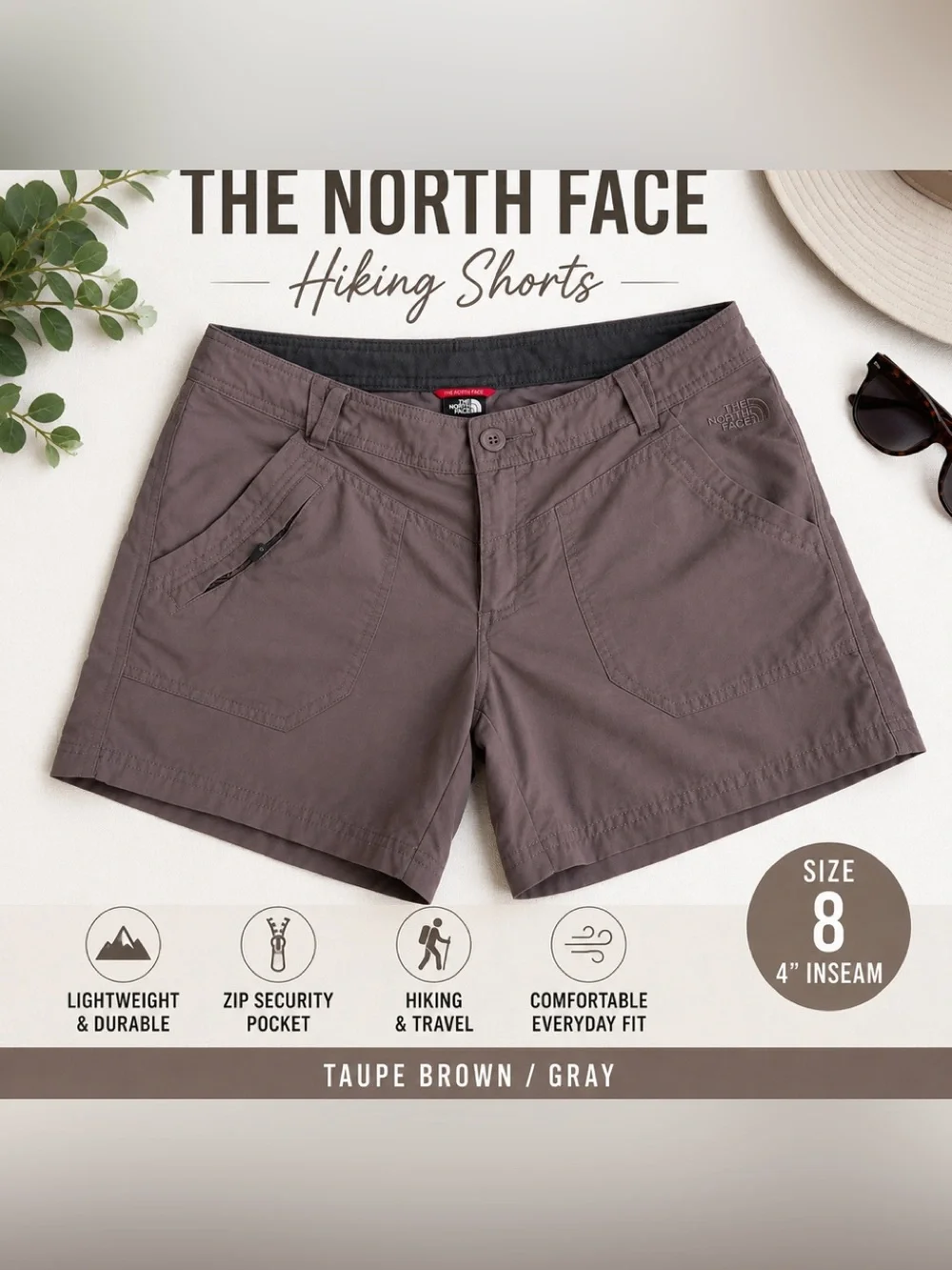 The North Face Hiking Trail Shorts Taupe Brown Gray Zip Pocket Size 8 EUC